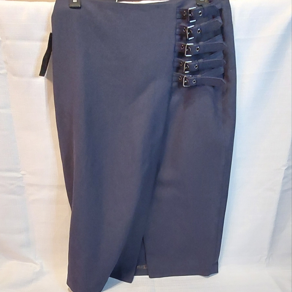 Worthington midi, sz 8, wrap navy blue skirt with 5 buckle design on waist side